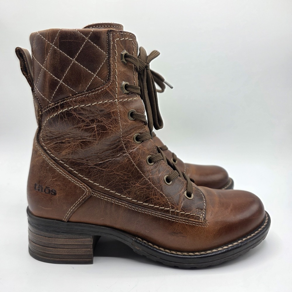 Taos Factor Boots Women SZ 6.5 EU37 Brown Leather Combat Utility Lace Up Heel - Picture 2 of 12